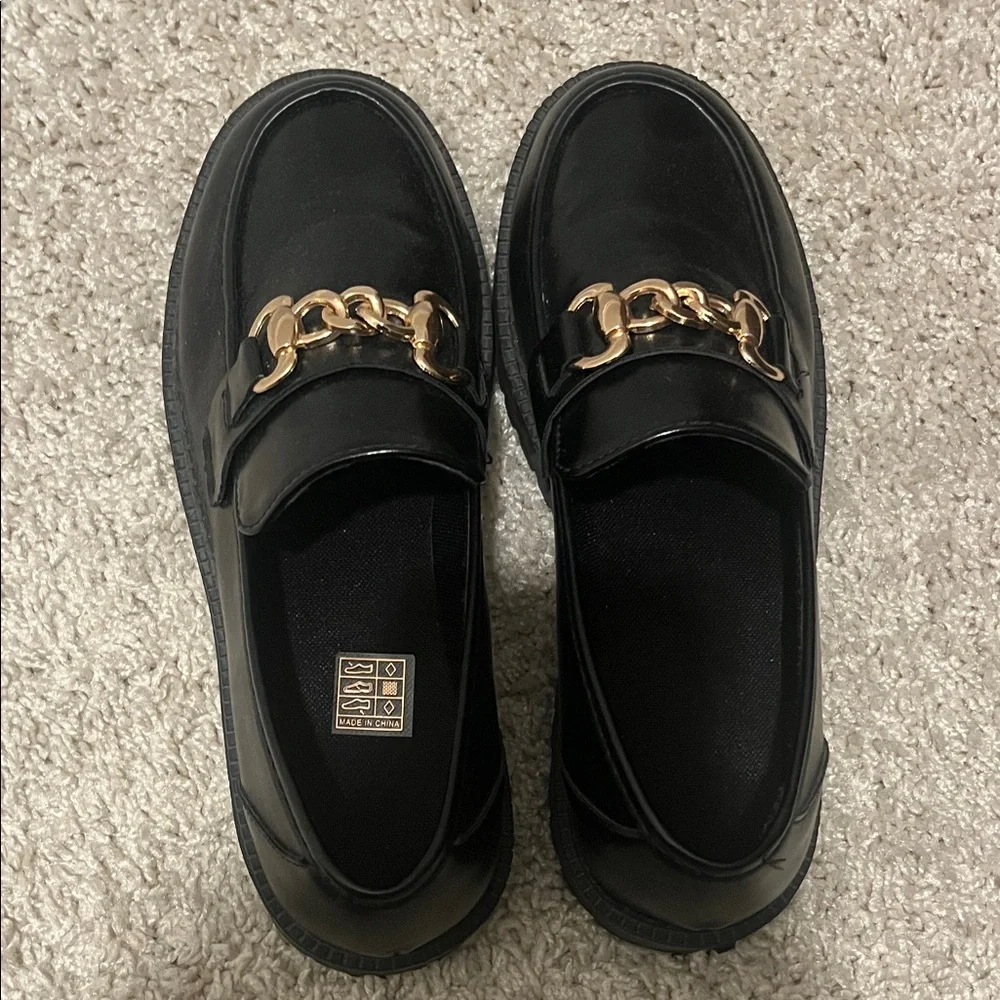 Zara Black Loafers with Gold Chain Detail